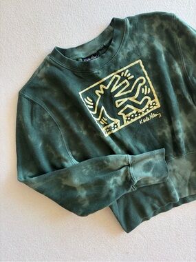 Keith Haring Graphic Art Sweatshirt Boys Medium (8) Green Tie Dye